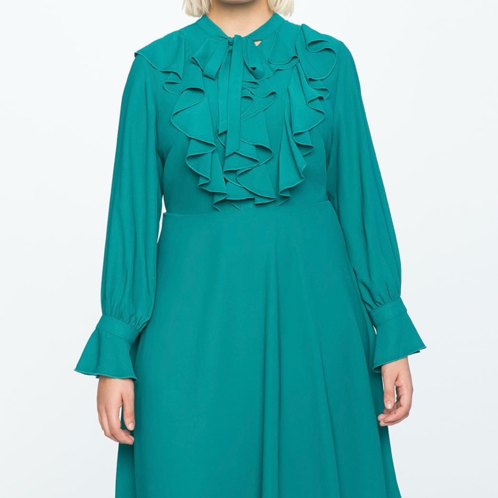 Eloquii Teal Long Sleeve Ruffle Dress